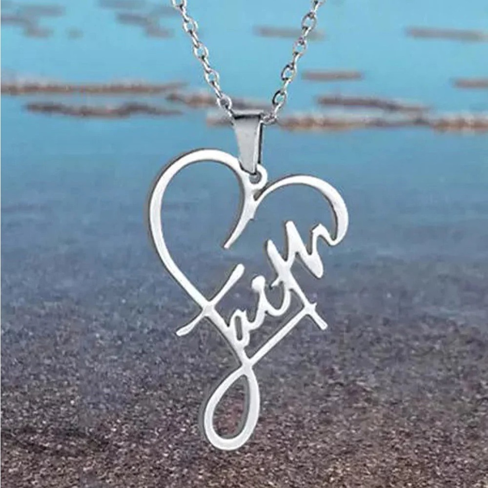 New Silver Stainless Steel Christian Faith Cursive Heart Minimalist Necklace - Picture 7 of 15